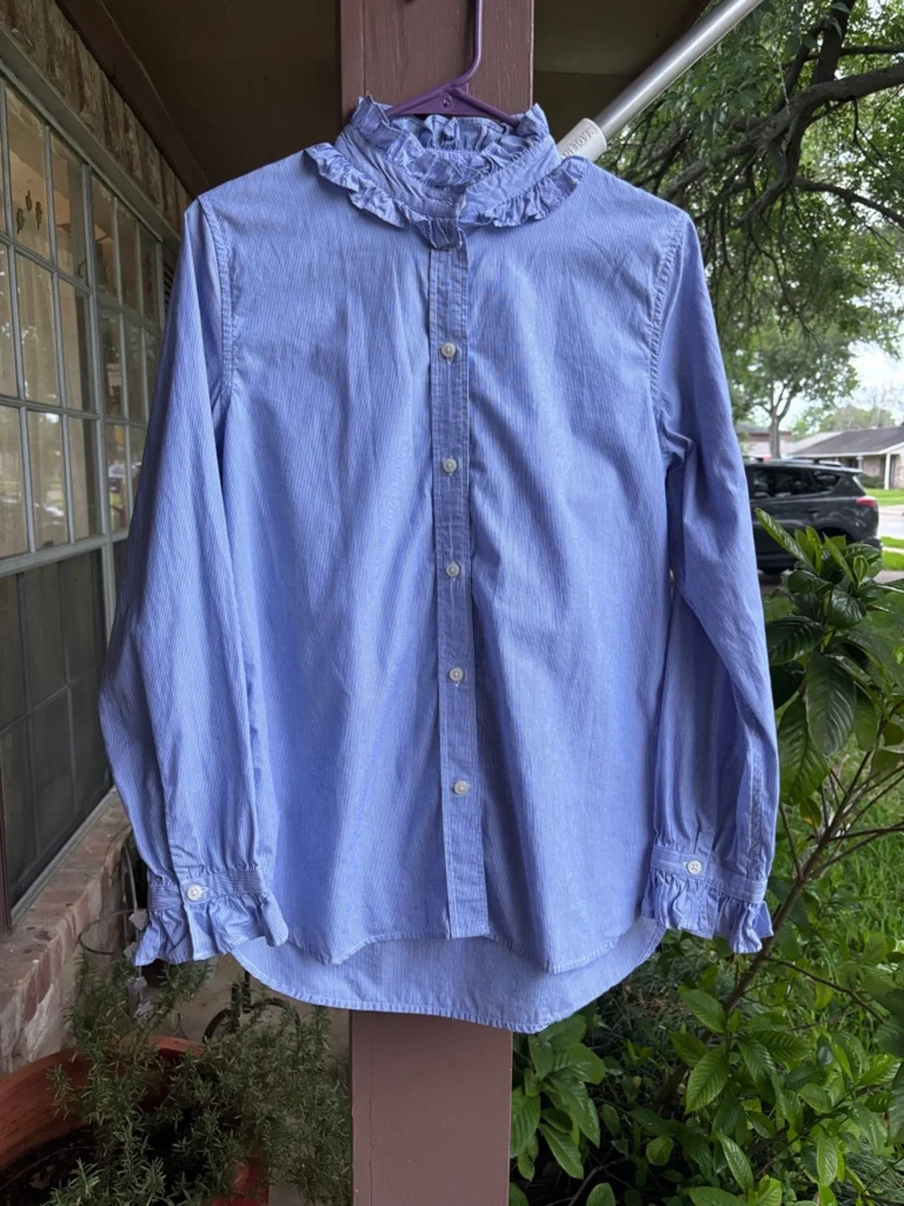 J. Crew Blue Ruffle-Collar Button Front Blouse